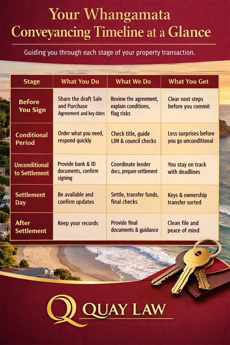 Your Whangamata conveyancing timeline at a glance Your Whangamata conveyancing timeline at a glance